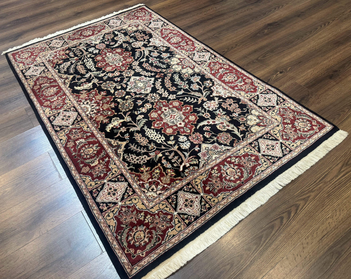 Pak Persian Rug 4x6, Black and Burgundy, Floral Allover, Wool and Silk - Jewel Rugs, view 13