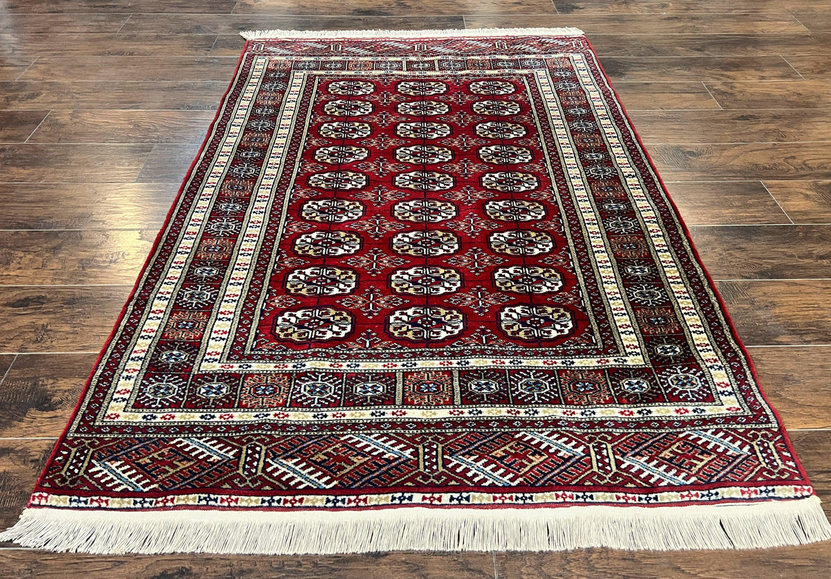 Pakistani Bokhara Rug 4x6, Red Turkoman Carpet, Finely Hand Knotted, Wool Vintage Rug - Jewel Rugs, view 2