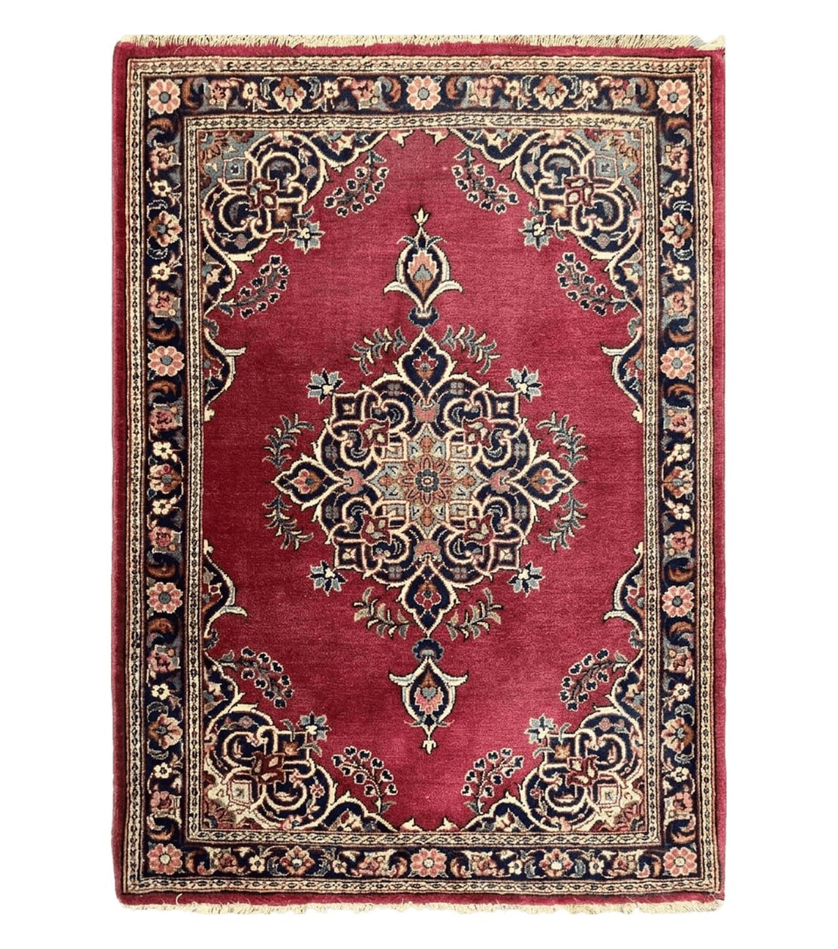 Small Persian Kashan Rug 2x3, Red and Navy Blue, Handmade Vintage Wool Semi Antique Persian Carpet, Semi Open Field - Jewel Rugs