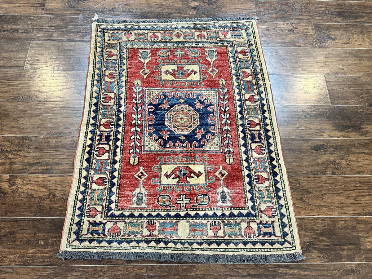 Turkish Kazak Rug 3x4, Wool Hand Knotted Small Vintage Carpet, Red Navy Blue, 3 x 4 Oriental Rug, Geometric Design - Jewel Rugs, view 2