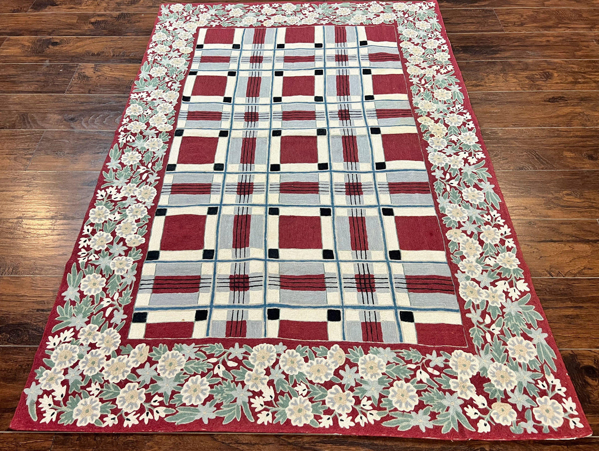 Indian Hand Stitched Rug 4x6, Vintage Carpet, Checkerboard Floral Pattern, Maroon Ivory, Flatweave, Wool - Jewel Rugs, view 2