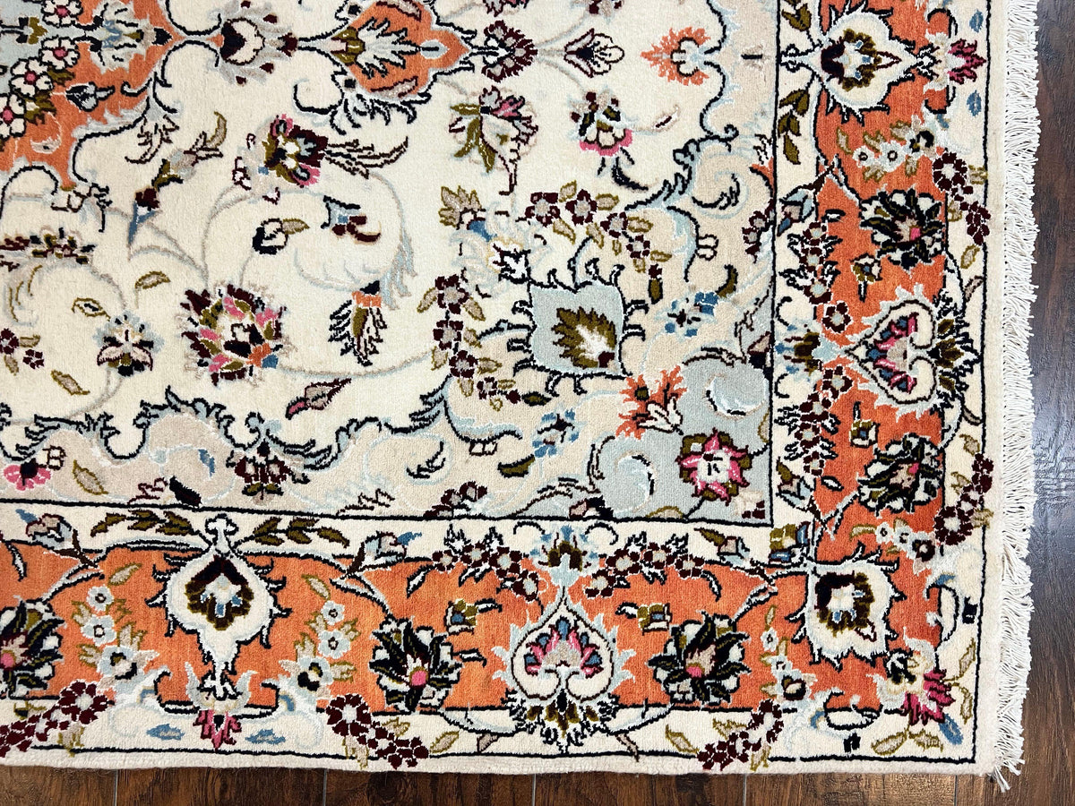 Persian Tabriz Rug 4.5  x 6.8, Finely Hand Knotted Wool with Silk Highlights Vintage Oriental Carpet, Cream and Salmon, High KPSI, Floral Medallion - Jewel Rugs, view 10