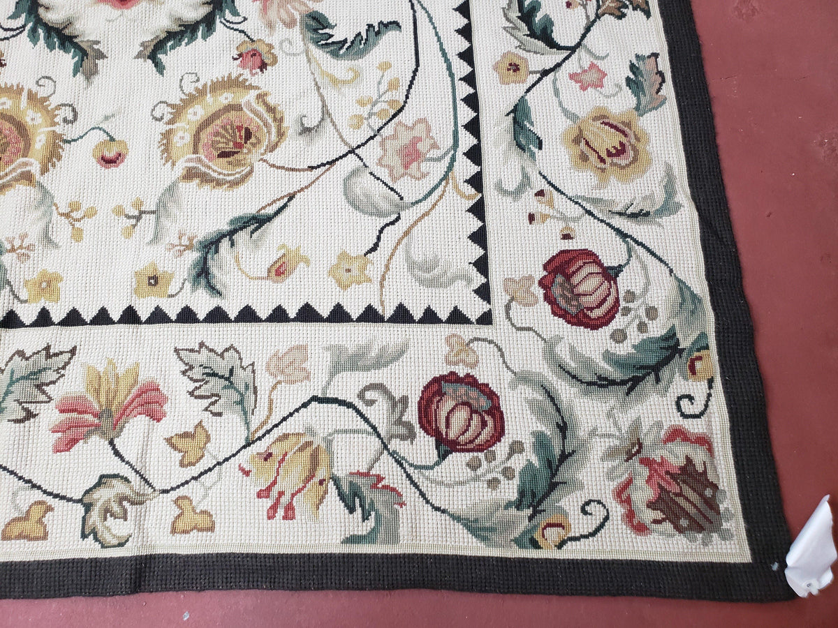 New Needlepoint Rug 9x12, Hand Woven Wool Area Rug, Flatweave Carpet, Handmade Chinese Needlepoint, Floral European Design, Ivory Background - Jewel Rugs, view 10