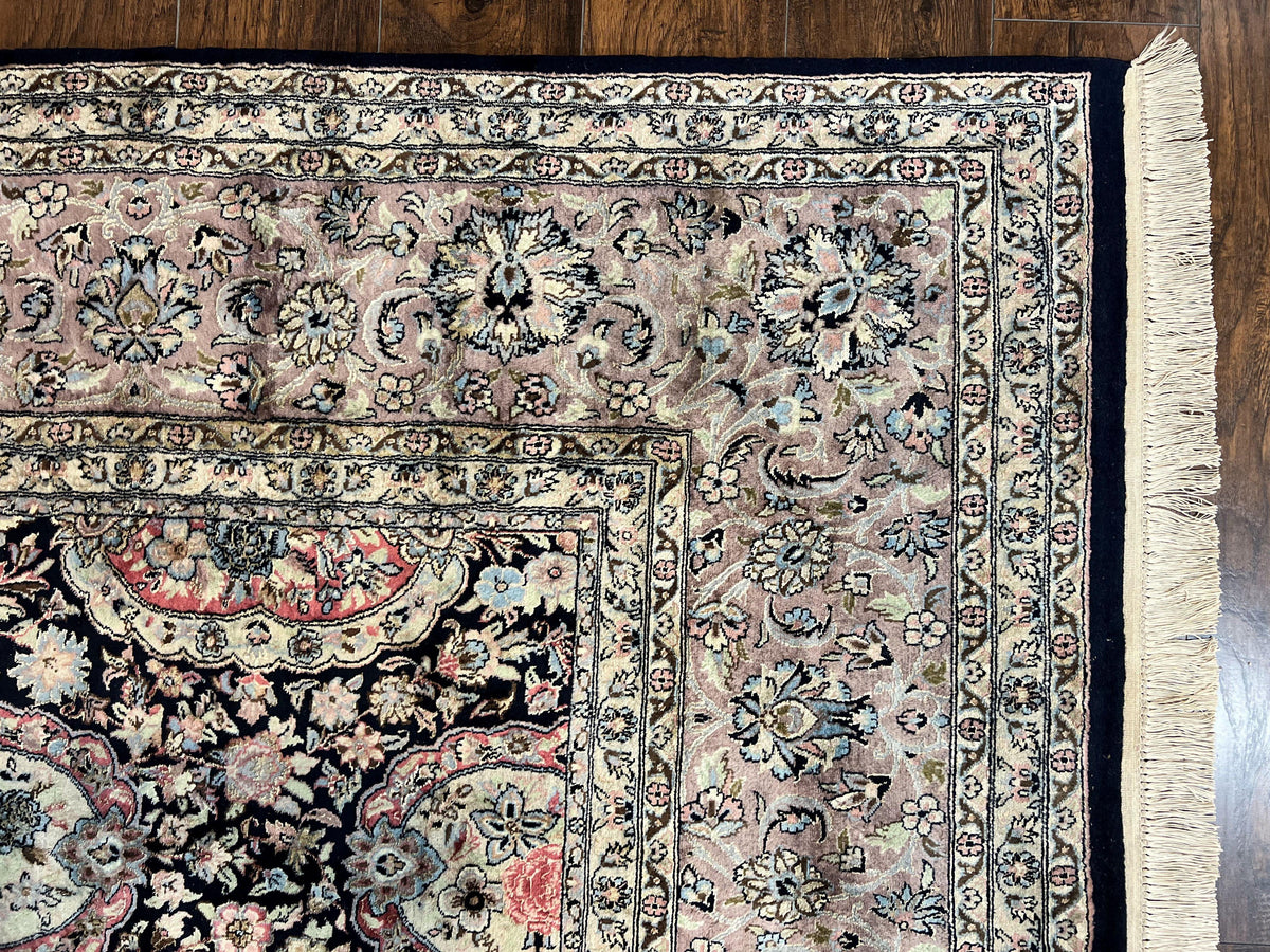 Sino Persian Rug 9x12, Navy Blue and Pink Hand Knotted Wool and Silk Highlights Vintage Oriental Carpet, Handmade Floral Area Rug 9 x 12 ft - Jewel Rugs, view 7