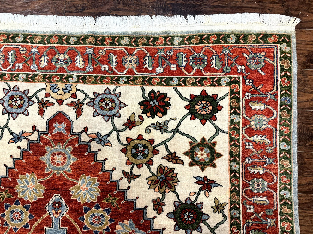 Indo Persian Heriz Rug 7x9, Geometric Pattern, Cream & Light Red, Handmade Vintage Wool Carpet - Jewel Rugs, view 8