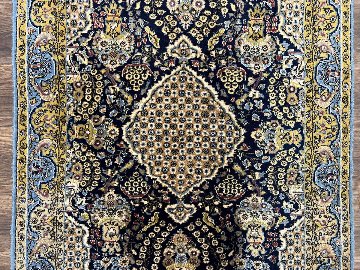 Fine Persian Qum Rug 3x5, Semi Antique Vintage Oriental Ghom Carpet, Floral Medallion, Highly Detailed, Hand Knotted, Navy Blue, Wool Area Rug, Birds - Jewel Rugs, view 5
