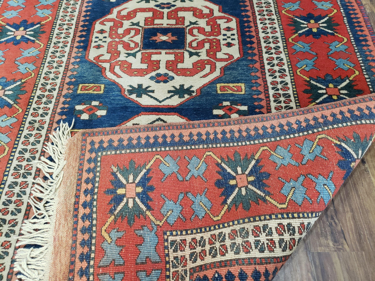 Turkish Kazak Rug 5x6 Vintage Handmade Wool Carpet Geometric Blue Red - Jewel Rugs, view 11