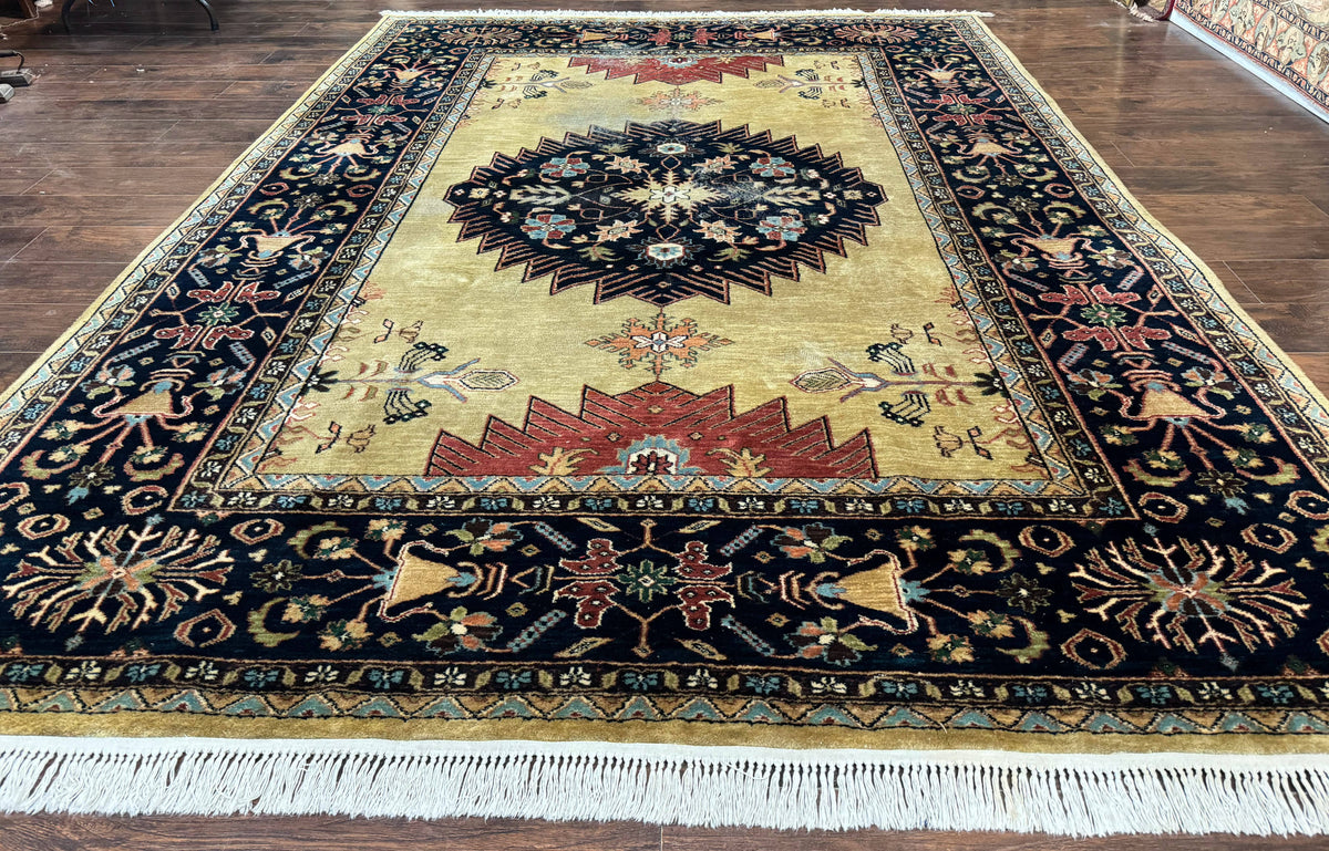 Indo Persian Heriz Rug 8x12, Camel Hair Tan and Navy Blue, Decorative - Jewel Rugs, view 2