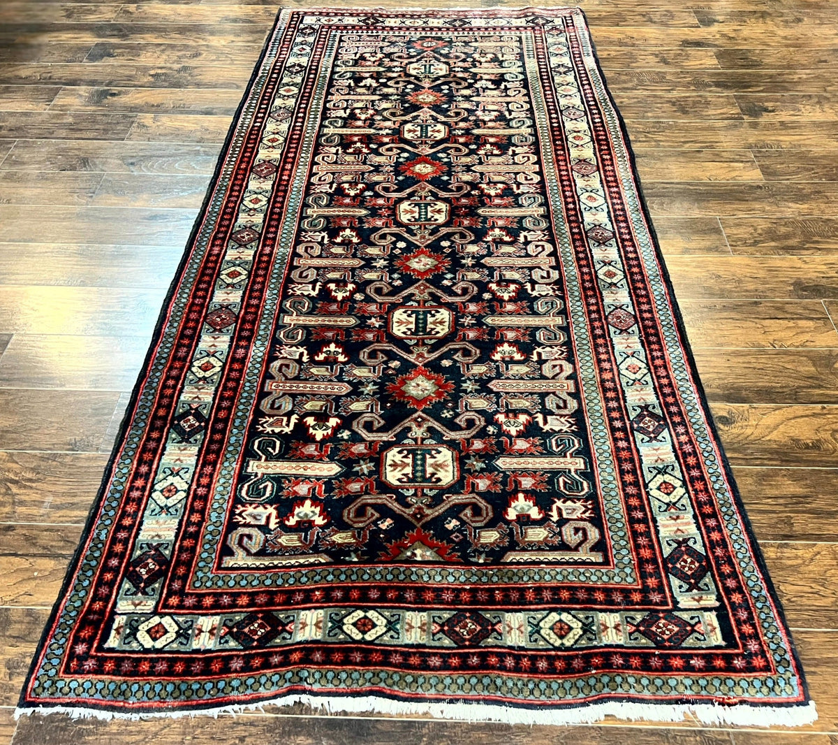 Persian Wide Runner Rug 4.8 x 10, Persian Kalegi Ardabil Rug, Perpedil Caucasian Rug, Antique Handmade Wool Carpet, Navy Blue Red, Tribal Rug - Jewel Rugs, view 13