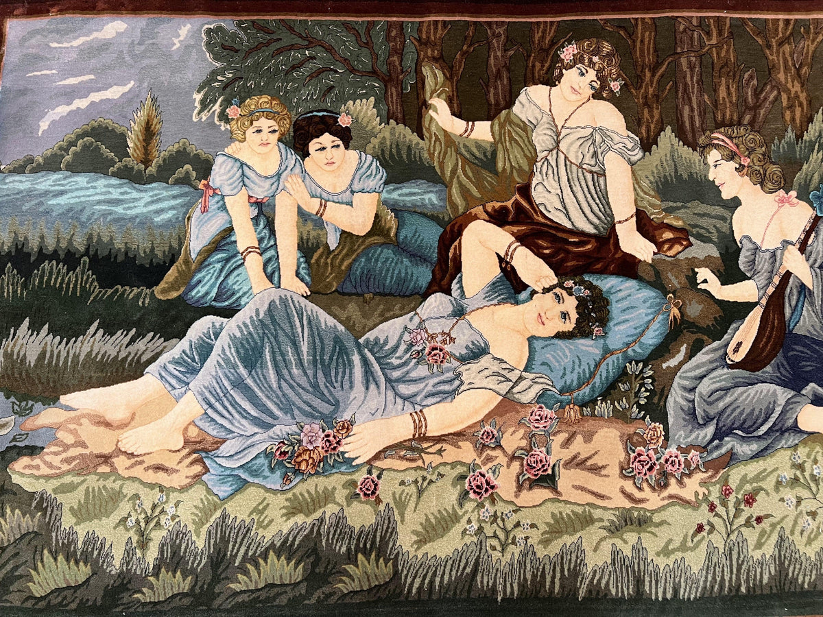 Persian Tabriz Pictorial Rug 5x3, Women Laying By River, Super Fine 60 Raj 480+ KPSI, Hand Knotted Wool Rug, Semi Antique Vintage Oriental Carpet - Jewel Rugs, view 12