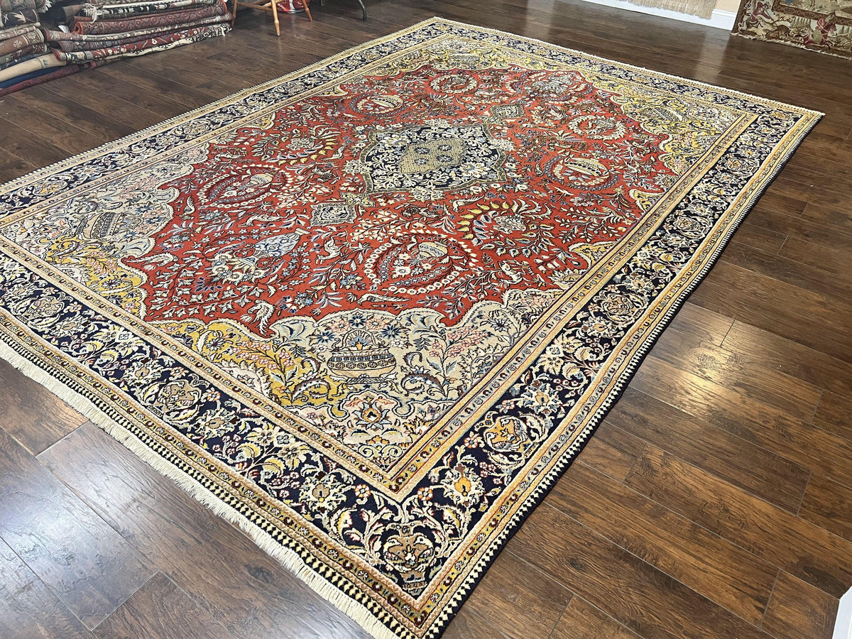 Wonderful Persian Qum Rug 10x14, Wool w/ Silk Highlights, Hand Knotted Semi Antique Vintage Carpet, Red, Floral, Fine Weave, Birds Deer Pictorials - Jewel Rugs, view 2