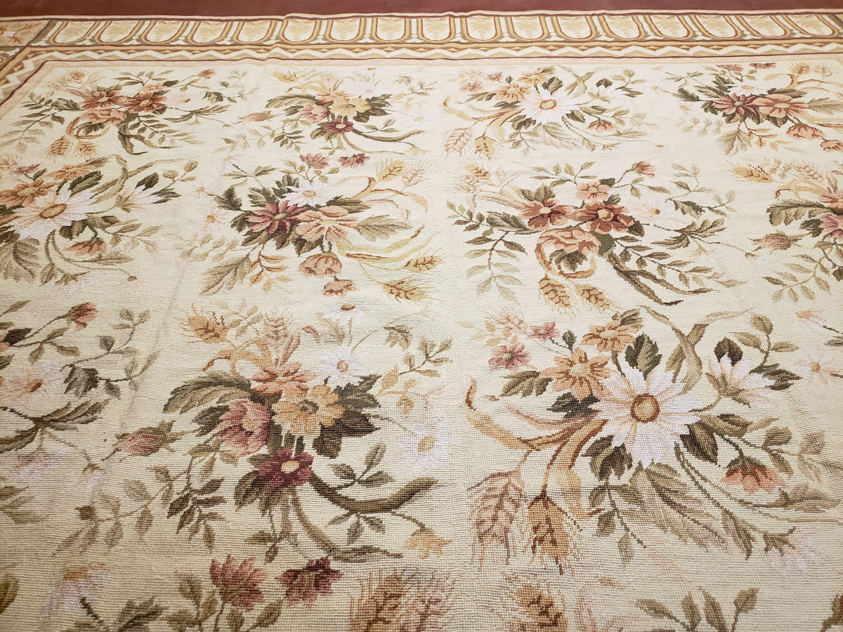 Needlepoint Rug 8x10 Aubusson Rug Victorian Floral Rug Handmade French Style French Decor Garden Panel Beige 8 x 10 Area Rug 100% Wool - Jewel Rugs, view 4