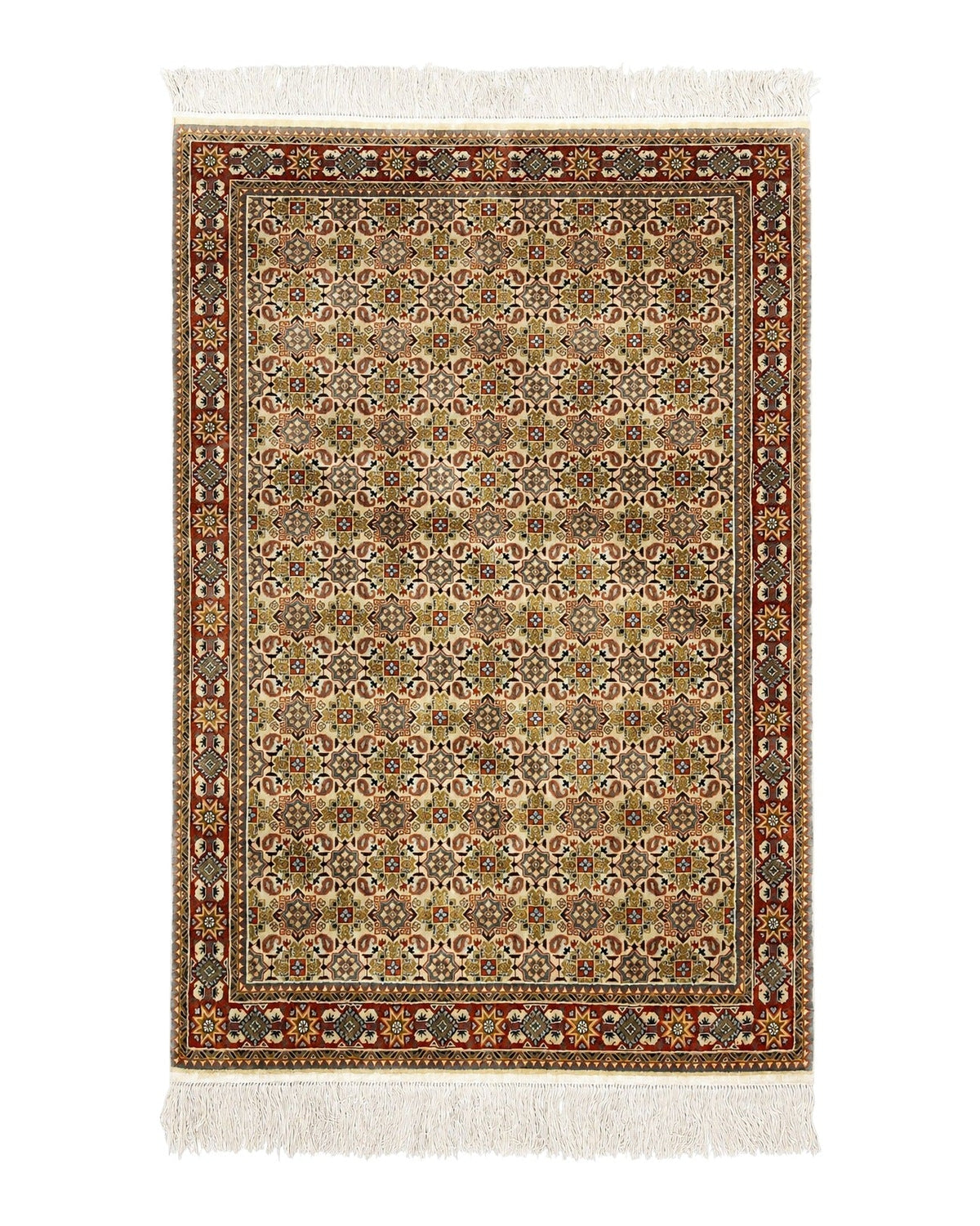 Turkish Kayseri Silk Rug 4x6, Hand Knotted Handmade Vintage Allover Pattern, Fine Silk Oriental Carpet 4 x 6 ft, Traditional Rug, Cream - Jewel Rugs