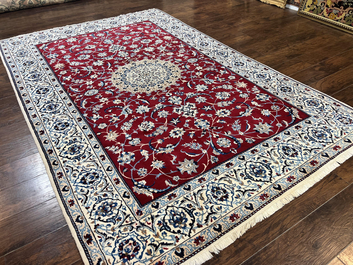 Persian Nain Rug 6x10, Wool and Silk Highlights, Red and Ivory, Floral Medallion, Vintage Handmade Hand Knotted, Fine 225 KPSI, Traditional Rug - Jewel Rugs, view 12