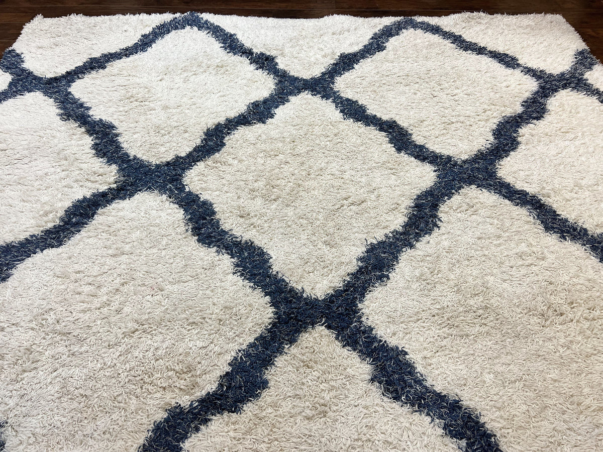 Modern Shag Rug 9x12, Ivory and Dark Blue, Diamond Pattern, Soft, Room Sized, Contemporary Rug, Plush - Jewel Rugs, view 4