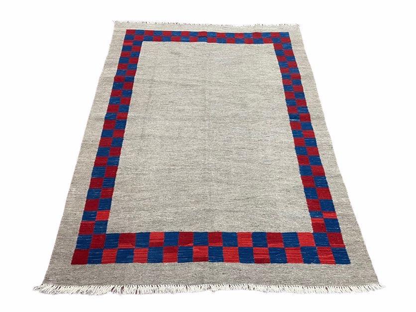 5' 7" x 7' 9" Geometric Kilim Carpet, Gray, Handmade, Hand-Knotted Area Rug, Blue & Red, Flatweave, Wool, New, Checkerboard Pattern - Jewel Rugs, view 2