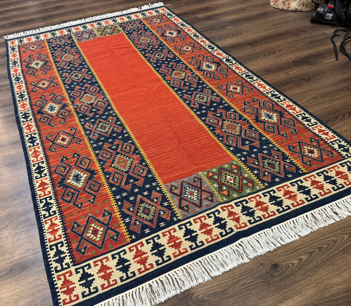 Turkish Kilim Rug 5x8, Flatweave Carpet, Handmade Bohemian Rug, Terracotta and Navy Blue - Jewel Rugs, view 13