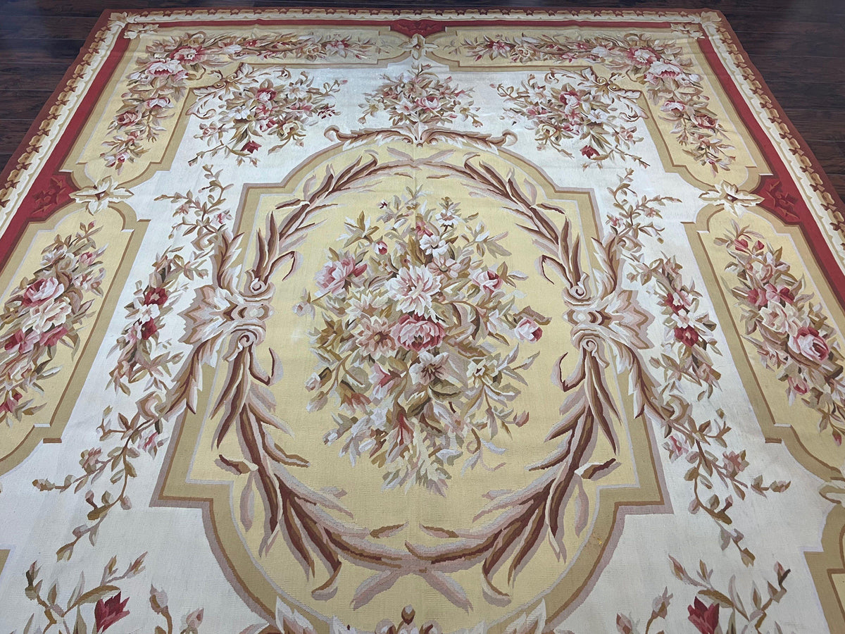 Aubusson Rug 9x12, Elegant Flatweave Savonnerie Carpet 9 x 12 ft, Ivory Light Yellow Red, Handmade Wool Flatweave French European Rug - Jewel Rugs, view 13