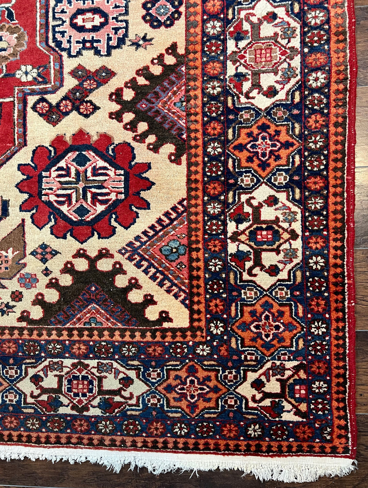 Antique Persian Heriz Rug 8x12 ft, Geometric Tribal Room Sized Carpet, Camel Hair Red Navy Blue, Wool Hand Knotted Medallion Oriental Carpet - Jewel Rugs, view 10