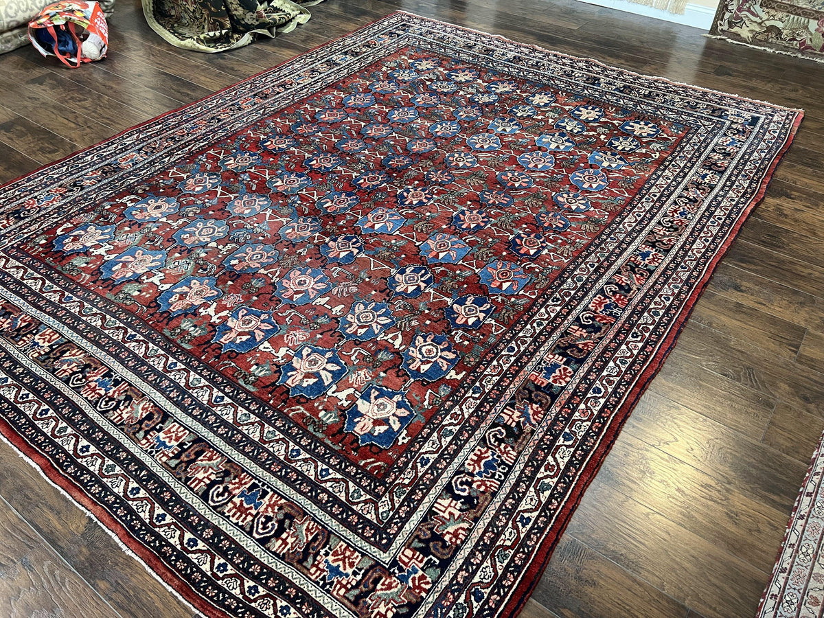 Antique Persian Bijar Rug 9x12 - Allover Motif, Red & Blue - Jewel Rugs, view 3