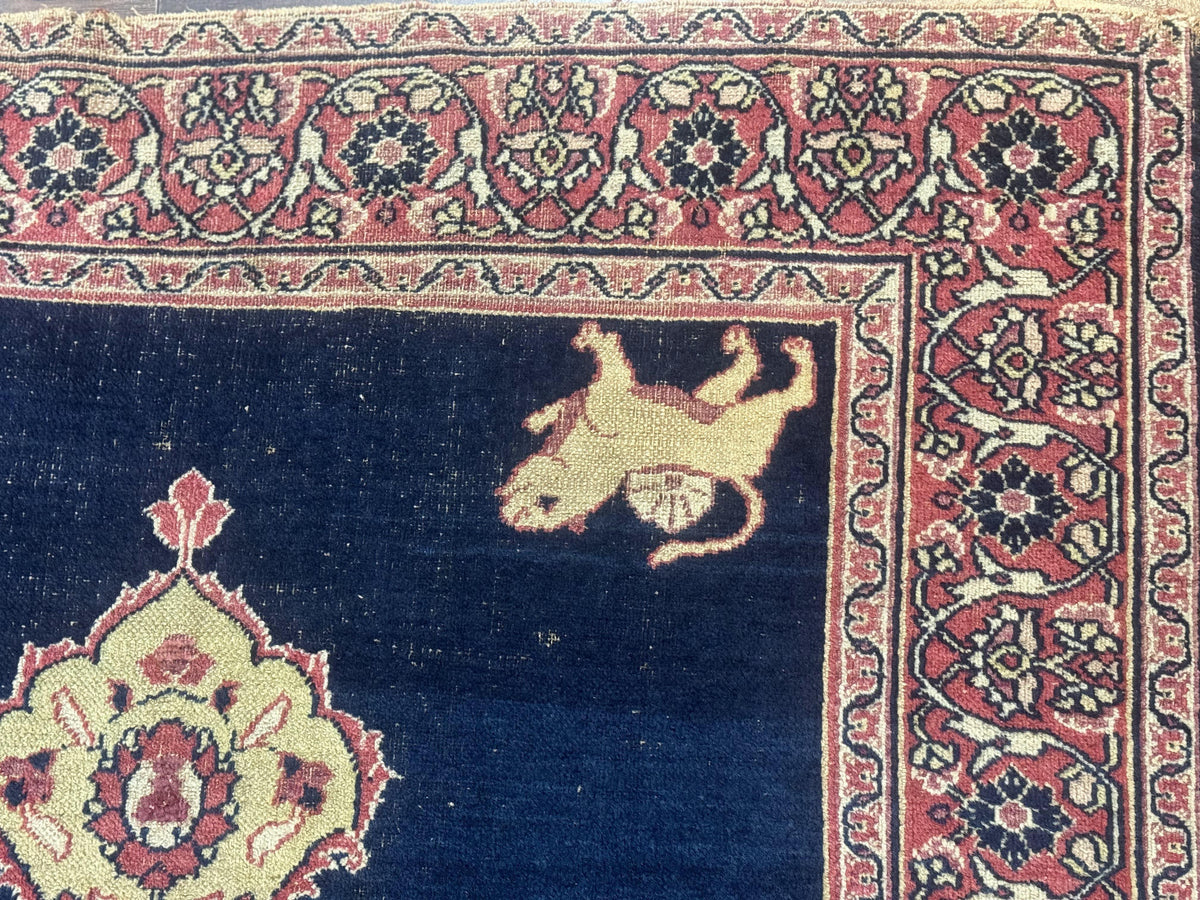 Antique Persian Mashad Rug 4x6, Semi Open Field, Navy Blue, Lion Pictorials, Triple Medallion, Dorokhsh Rug - Jewel Rugs, view 8
