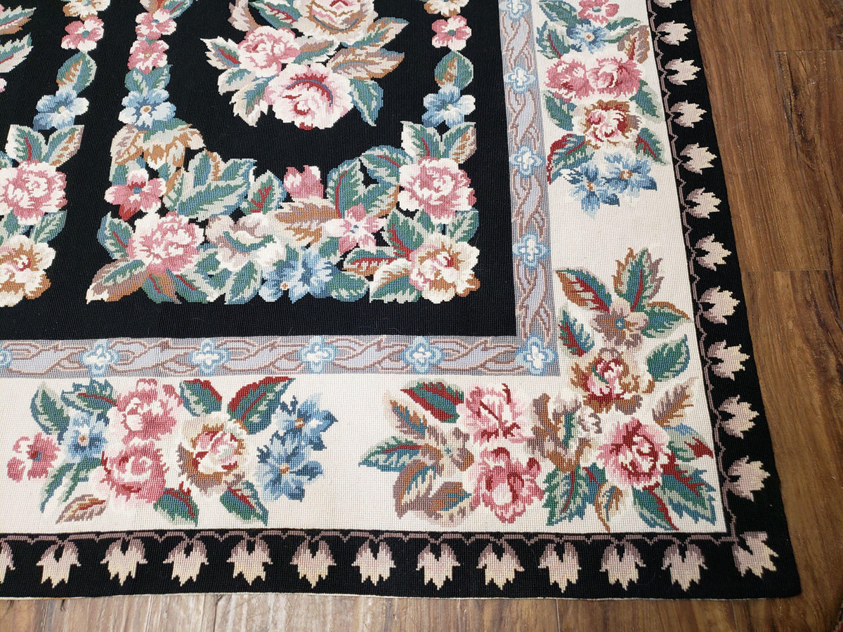 Floral Needlepoint Rug 9.5 x 13.6, Floral Panel Design, Black and Ivory Flatweave Aubusson Carpet, Multicolor - Jewel Rugs, view 10