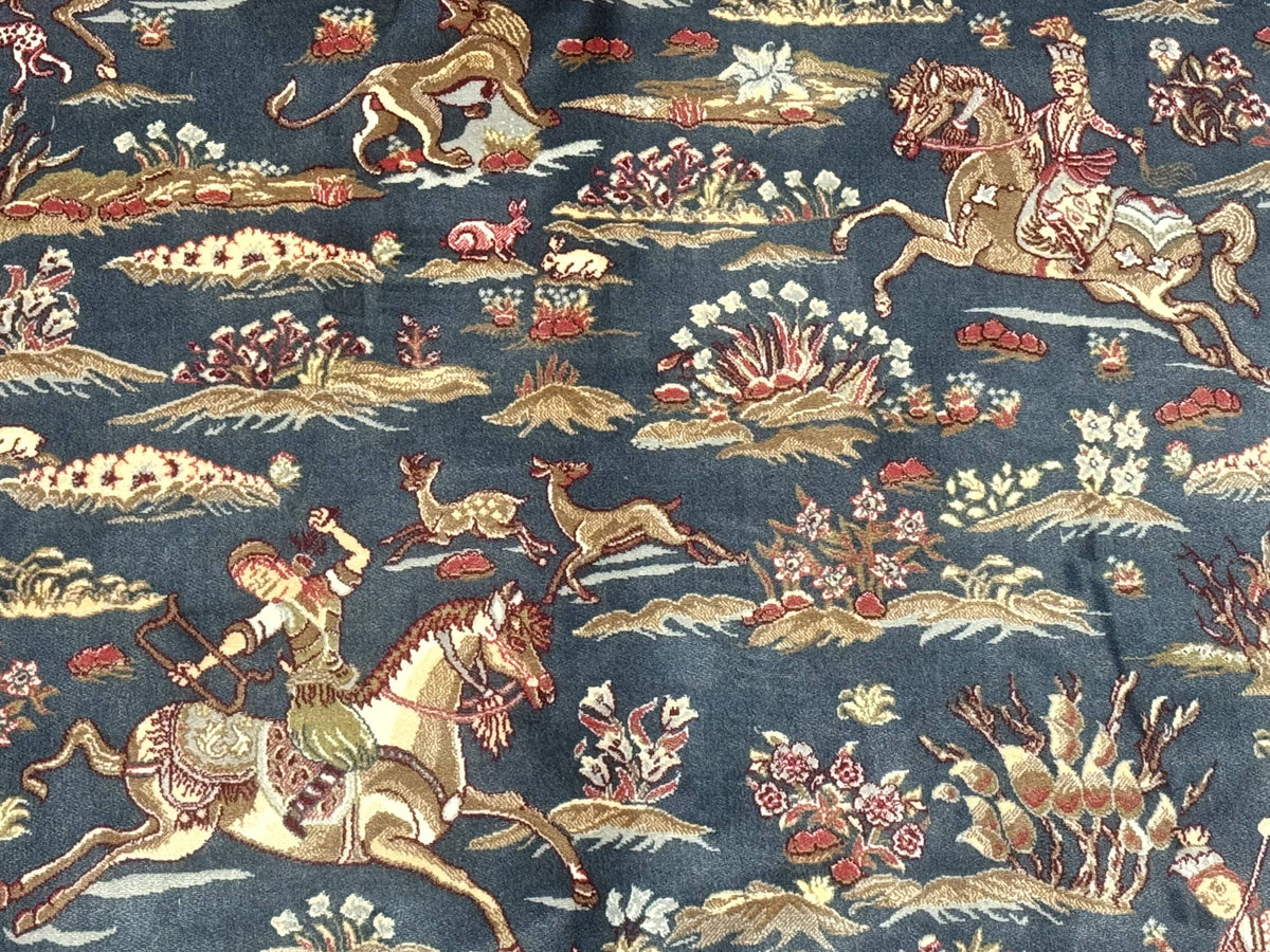 Turkish Silk Rug 5x8, Hunting Design, Animal Pictorials, Steel Blue & Ivory, Bamboo Silk - Jewel Rugs, view 4
