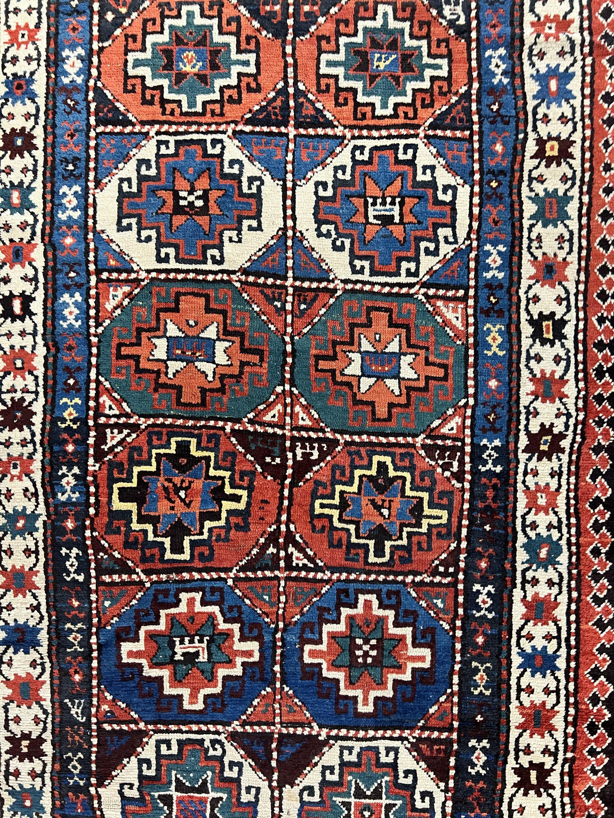 Antique Caucasian Kazak Runner Rug 4 x 9.5, Handmade Wool Rug for Hallway, Rare Colorful Panel Design Mid 19th Century 1870s Oriental Carpet - Jewel Rugs, view 4