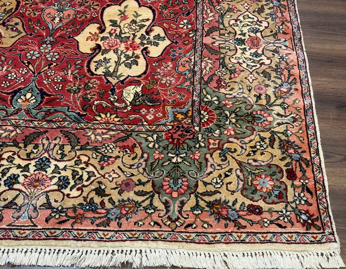 Antique Tabriz Persian Rug 7x10, Red Cream Tan, Unique Design, Fine 270 KPSI, Birds, Floral - Jewel Rugs, view 9
