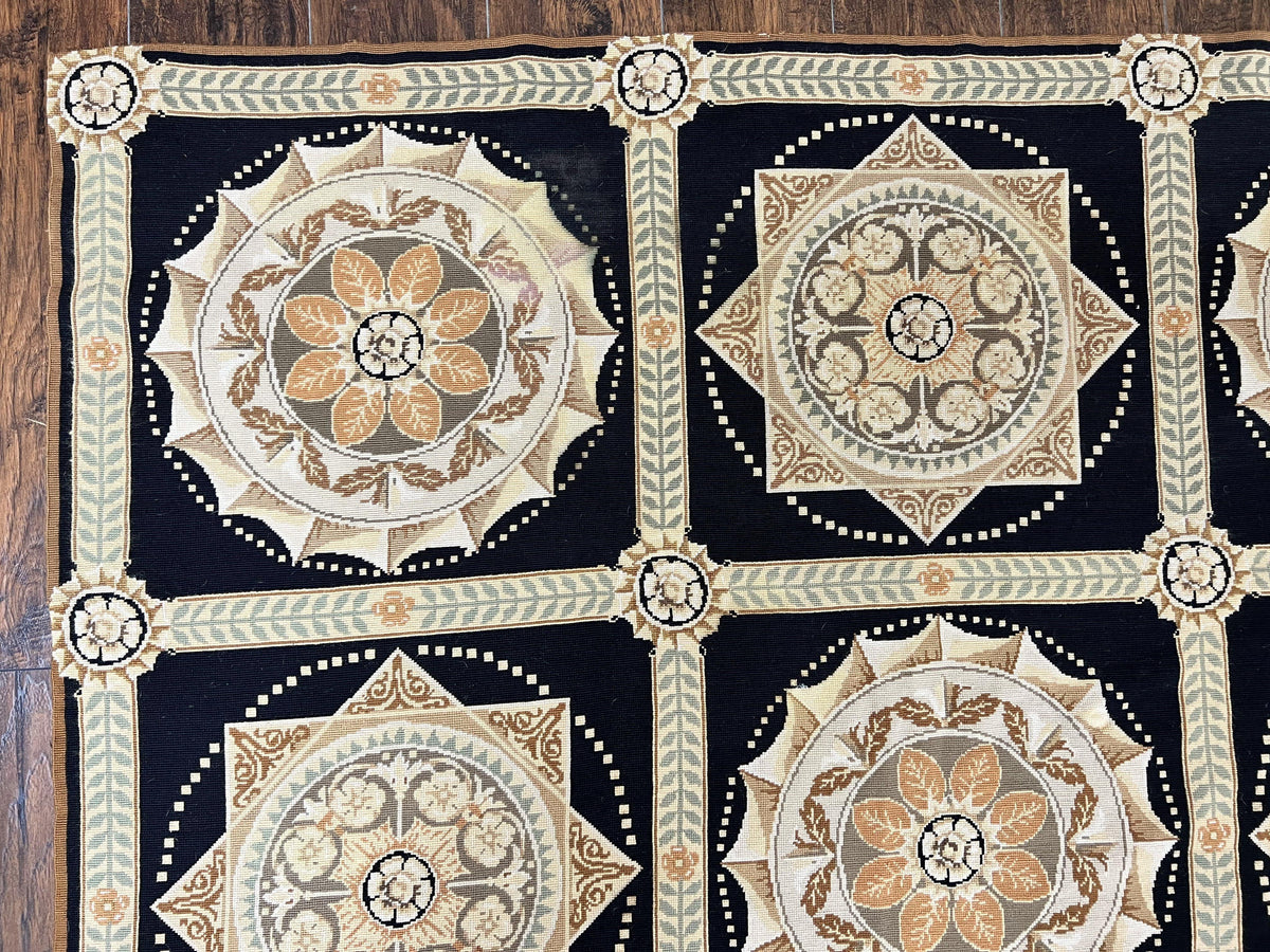 Needlepoint Rug 8x10, Black Tan Beige, Panel Design, Wool Handwoven Handmade Flatweave Needlepoint Carpet, Vintage French European Rug - Jewel Rugs, view 7