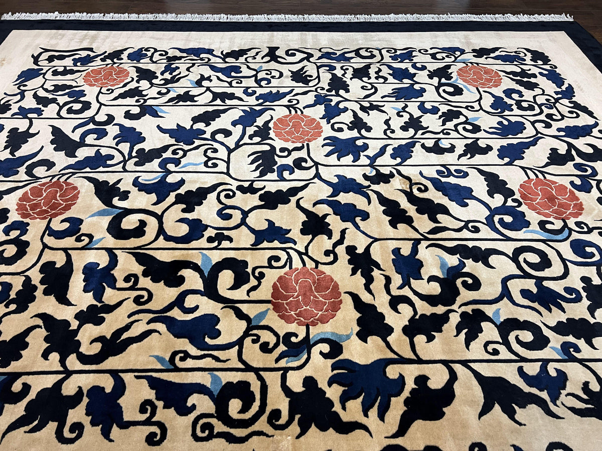 Antique Chinese Peking Rug 10x14, Beige Black, Handmade Wool Art Deco Carpet - Jewel Rugs, view 12