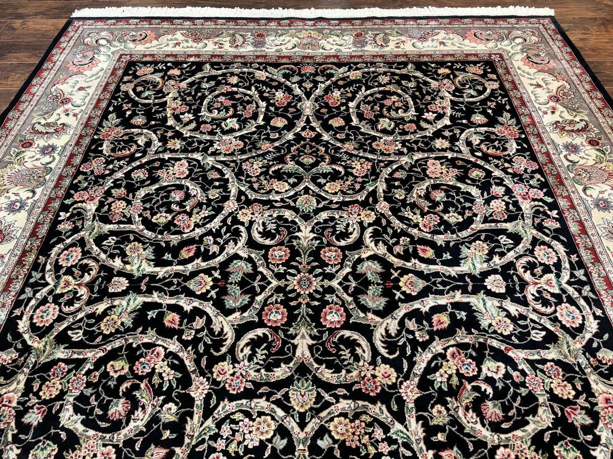 Black Pak Persian Rug 8x11, Floral Pattern, Hand Knotted Vintage Wool Rug with Silk Highlights, Fine 200 KPSI - Jewel Rugs, view 13