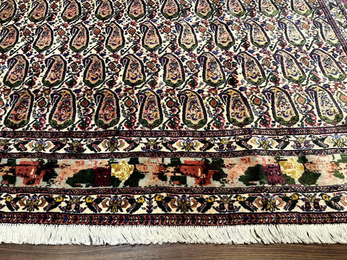 Persian Kurdish Rug 8x11, Repeated Allover Boteh Paisley Design, Bird Pictorials, Rare Antique Sannadaji Carpet - Jewel Rugs, view 6