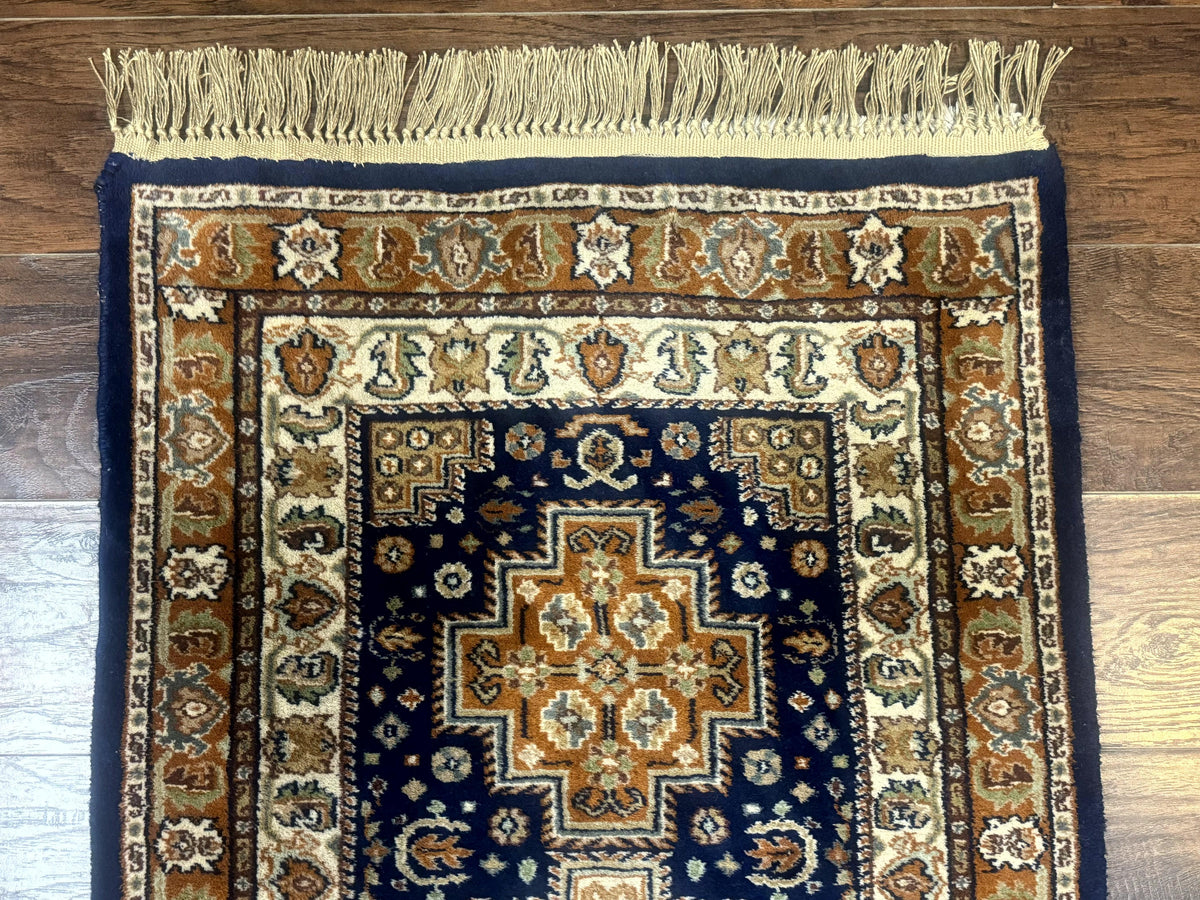 Indo Persian Runner Rug 2.6 x 12.7, Indian Kashmiri Runner for Hallway or Kitchen, Navy Blue, Geometric Medallions, Handmade Wool - Jewel Rugs, view 7
