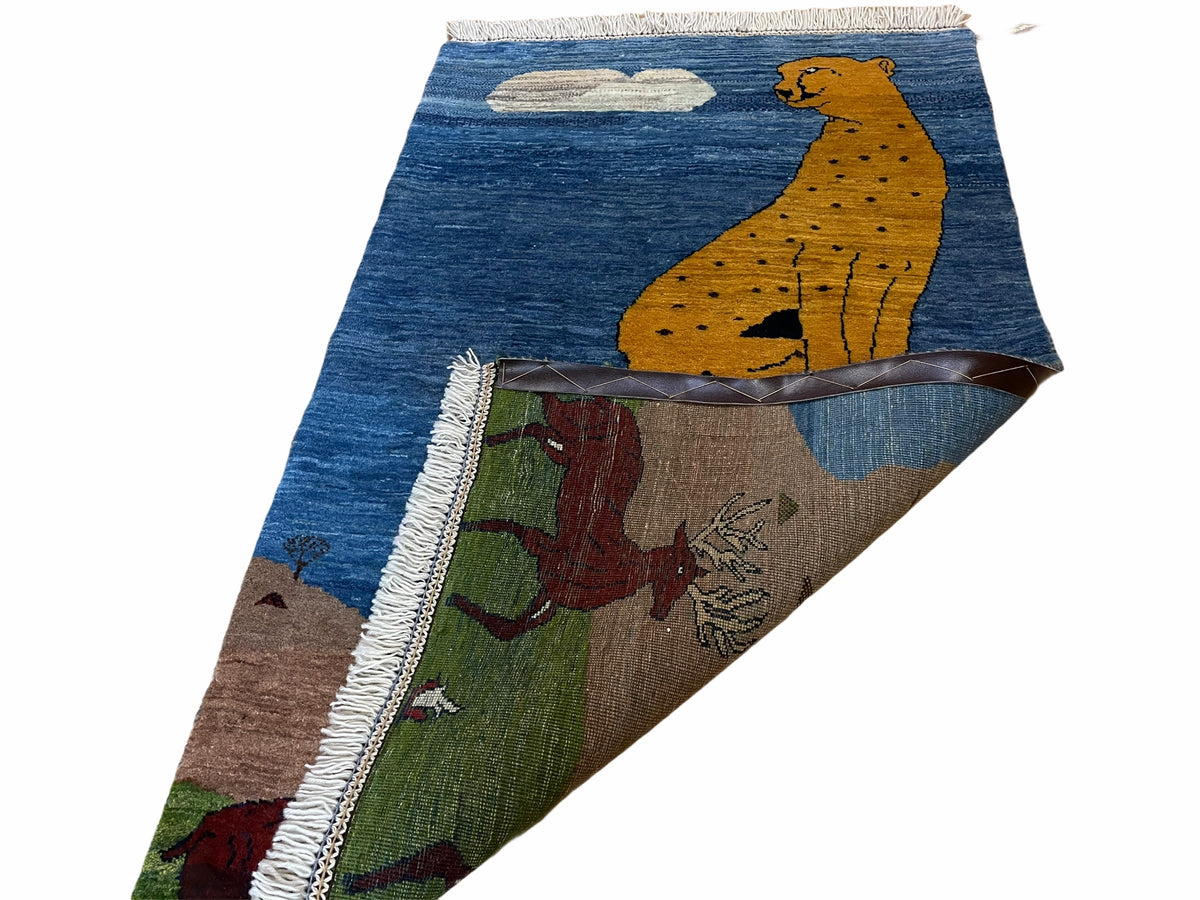 3 x 5 Handmade New Vintage Wool Blue Rug Leopard Lion Jaguar Deer Organic Dyes - Jewel Rugs, view 11