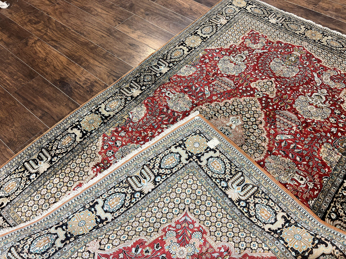 Wonderful Persian Silk Rug 5x7, Birds Floral Vases, Red, Hand Knotted Silk Fine Oriental Carpet, Handmade Vintage, Persian Qum Rug, 400 KPSI - Jewel Rugs, view 11