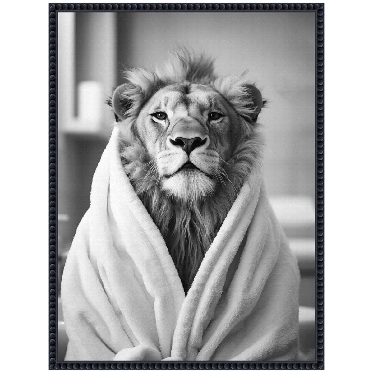 Sylvie Lion Bathroom Art Towel Robe Black and White Framed Canvas by The Creative Bunch Studio