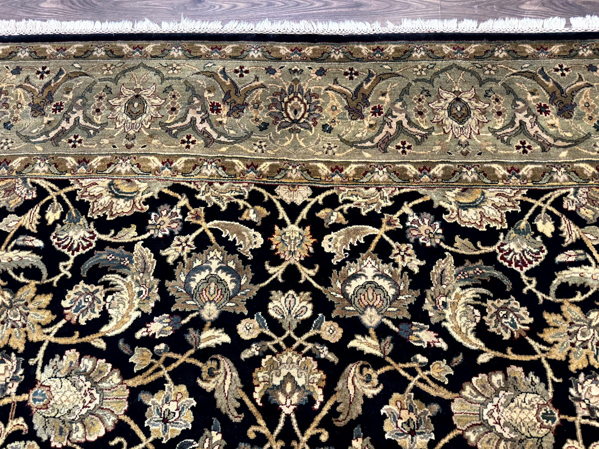 Indo Persian Rug 8x10, Black and Green, Wool, Handmade, Traditional, Floral Allover, Vintage - Jewel Rugs, view 4