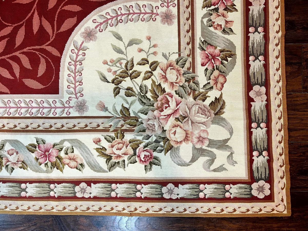 Wonderful Aubusson Rug 9x12, Handmade Vintage Needlepoint Carpet, Red and Ivory, Elegant European Design, Wool - Jewel Rugs, view 10