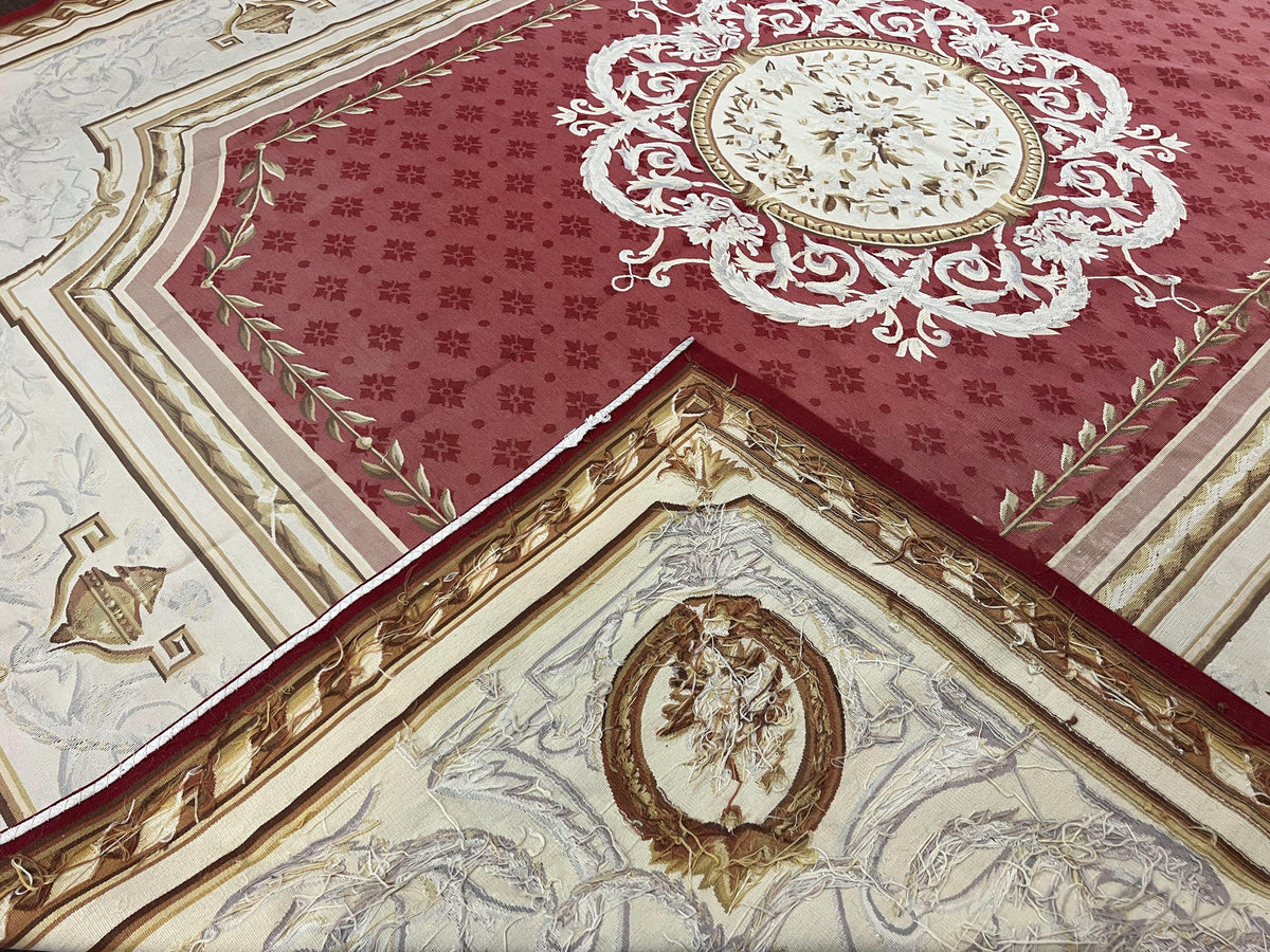 Aubusson Rug 9x12 ft, Red and Ivory Elegant Aubusson Carpet, Flatweave, Vintage Wool Handmade Area Rug 9 x 12, French European Design - Jewel Rugs, view 11