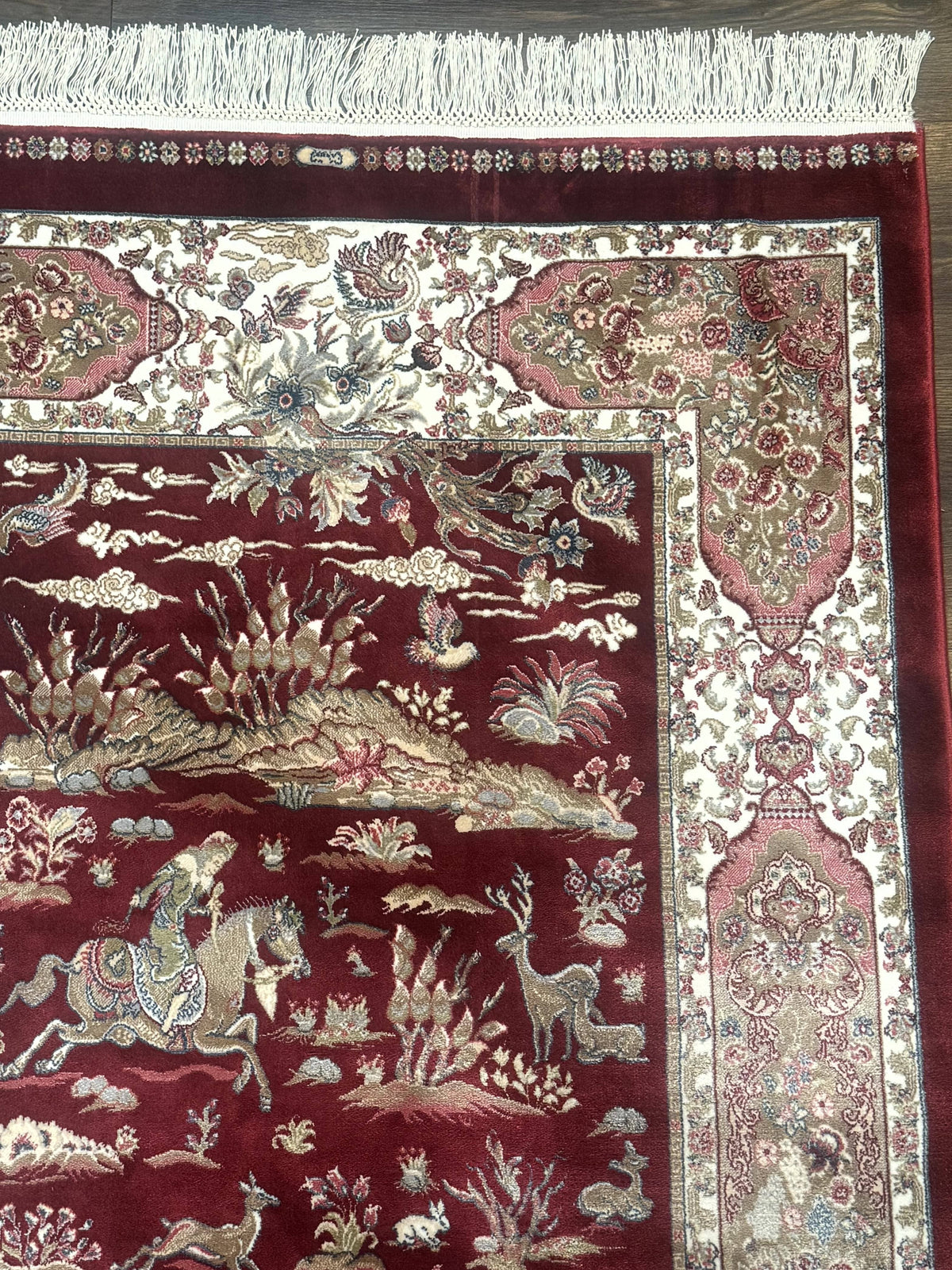 Turkish Silk Rug 3x5, Hunting Design, Dark Red & Ivory, Bamboo Silk, New - Jewel Rugs, view 8