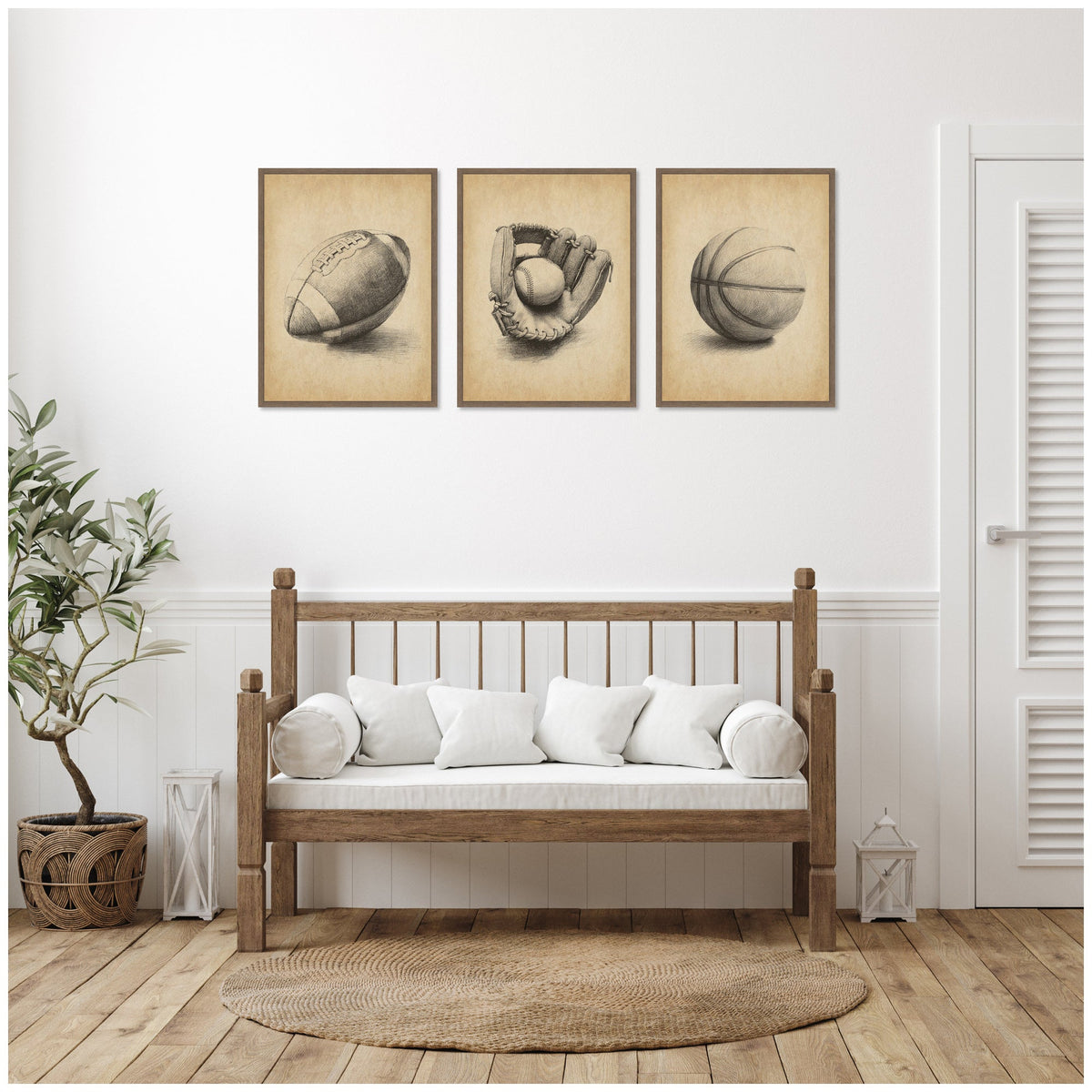 Walnut Antique Football 3 Piece Framed Canvas Wall Art Set by The Creative Bunch Studio