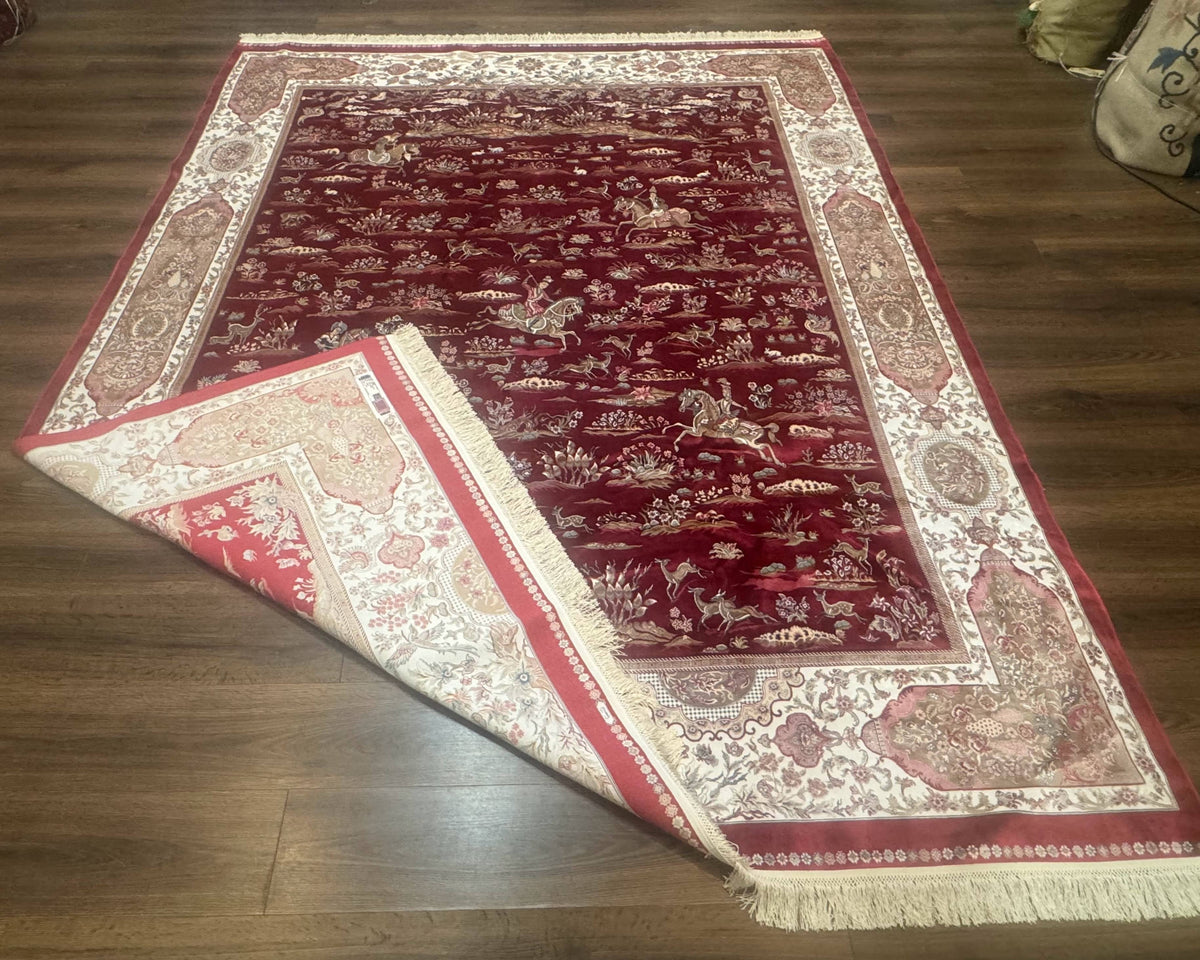 Turkish Silk Rug 8x10, Red & Ivory, Hunting Design, Bamboo Silk, New - Jewel Rugs, view 11