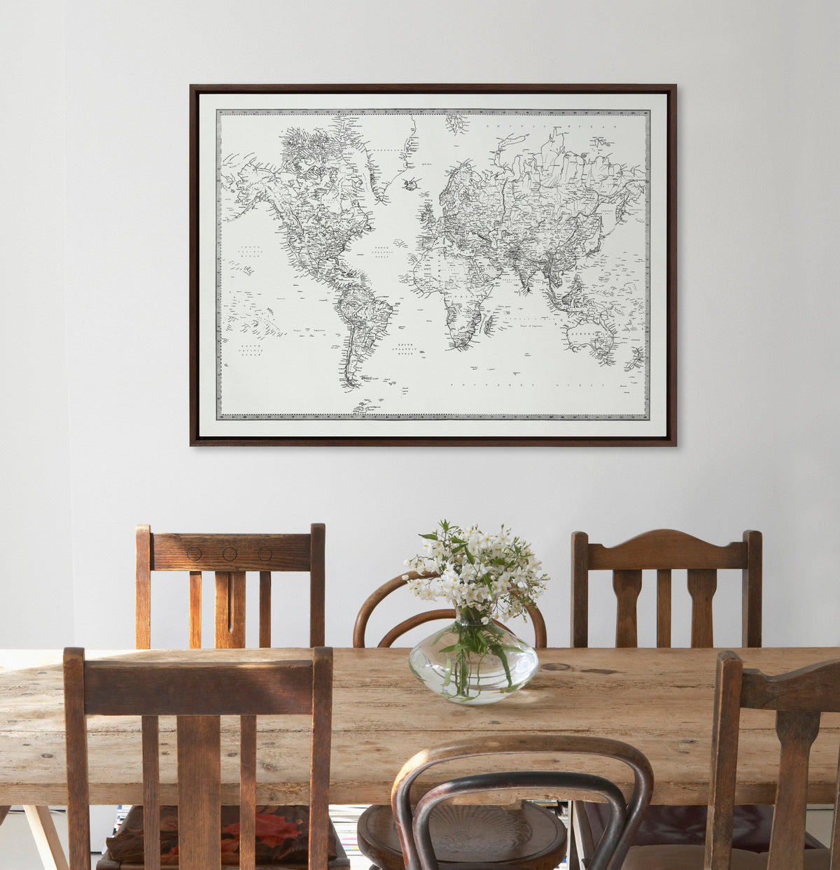 Sylvie Vintage Black and White World Map Framed Canvas by The Creative Bunch Studio