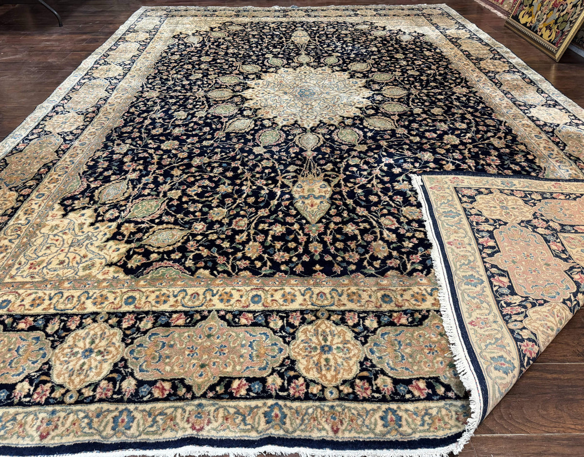 Large Persian Kerman Rug 10x14, Navy Blue and Beige, Floral Medallion, Traditional Elegant Persian Carpet, Signed by Masterweaver - Jewel Rugs, view 11