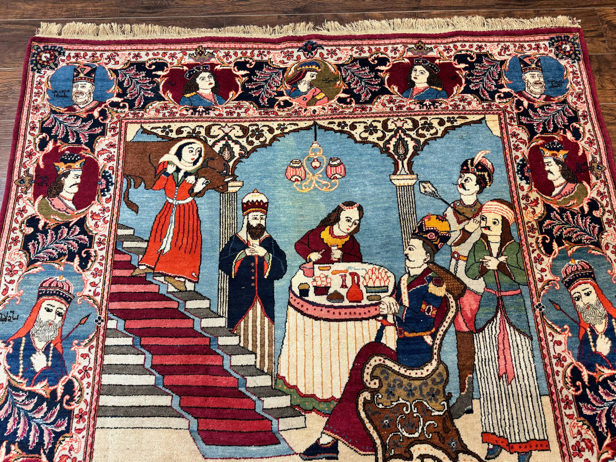 Rare Persian Kashan Pictorial Rug 6x9, King Bahram Hunting Scene, Persian Kings, Hand Knotted Persian Rug for Wall Hanging, Antique, Wool - Jewel Rugs, view 4