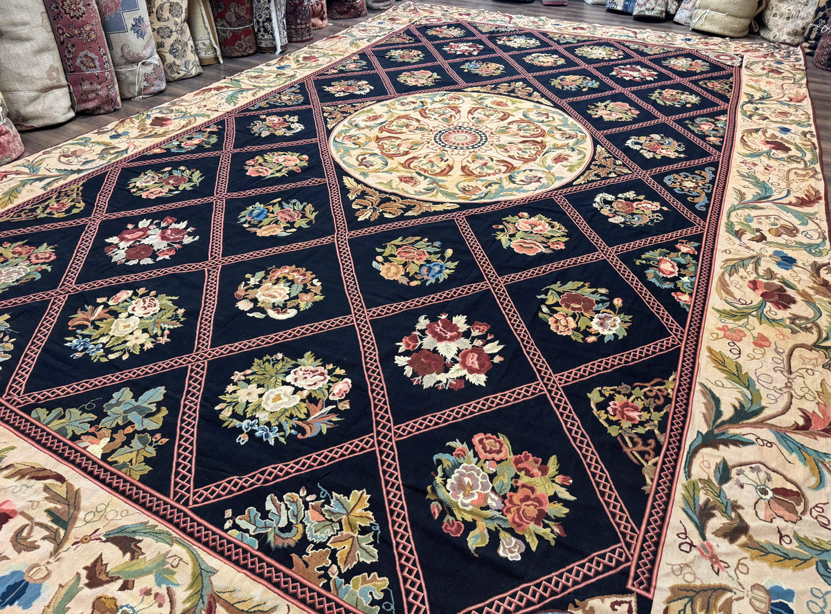 Palace Size Needlepoint Rug 12x20, European French English Aubusson Floral Design, Black and Beige - Jewel Rugs, view 2
