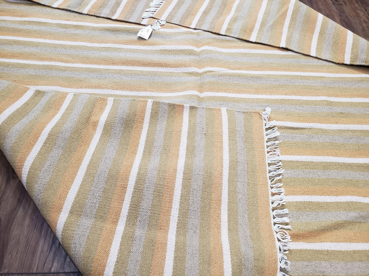 New Indian Kilim Area Rug, 6x8 - 7x8 South American Style Blanket, Striped Indian Wool Hand-Woven Flat Weave 6x9 Bedroom Rug, Ivory Ochre - Jewel Rugs, view 11