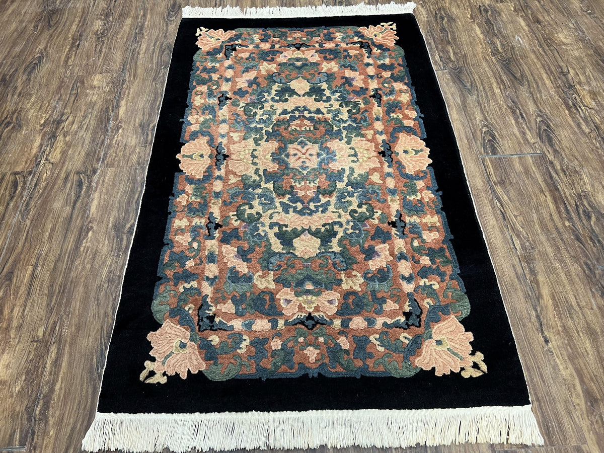 Chinese Art Deco Rug 3x5, Black and Beige Chinese Carpet 3 x 5, Vintage Rug, 1950s Rug, Floral Rug, Handmade Rug, Art Deco Rug, Wool Rug - Jewel Rugs, view 2