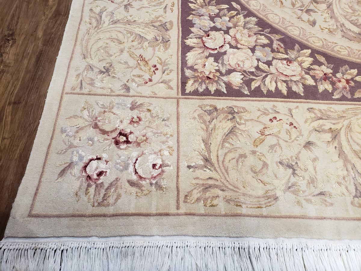 Chinese Aubusson Savonnerie Area Rug 8x12, Vintage 120 Line Carpet, Wool and Silk Hand-Knotted, Birds Flowers Master Weaver Signature - Jewel Rugs, view 9